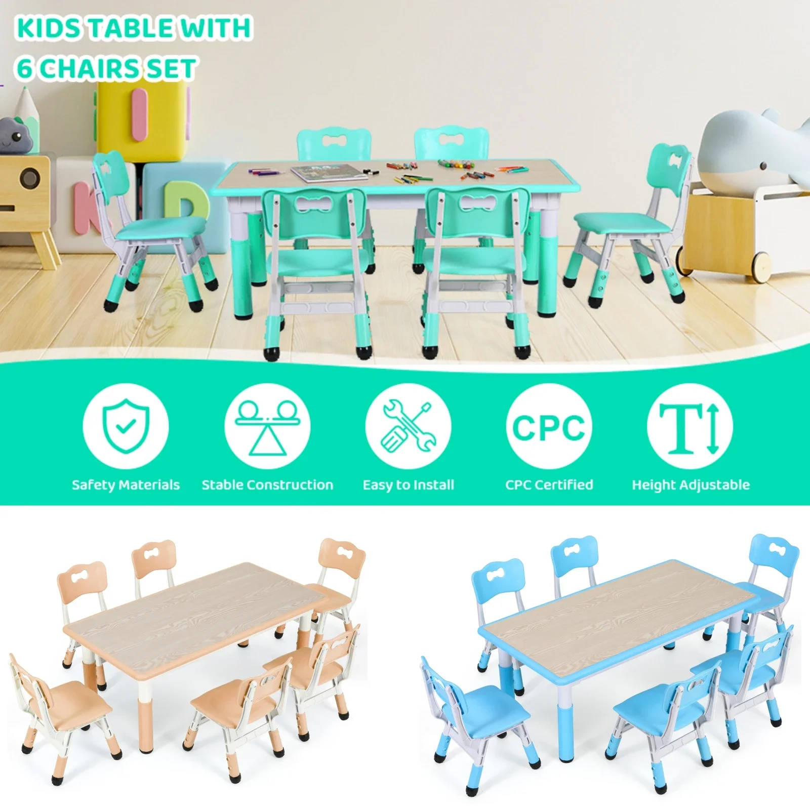 Kids Outdoor Table And Chairs - Meja anak-anak dan 6 kursi Set